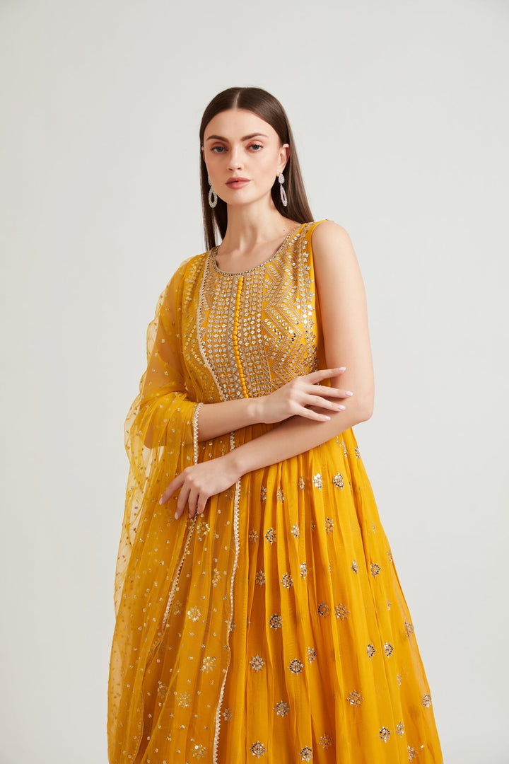 Neerus Yellow georgette embroidered gown - detail view 1
