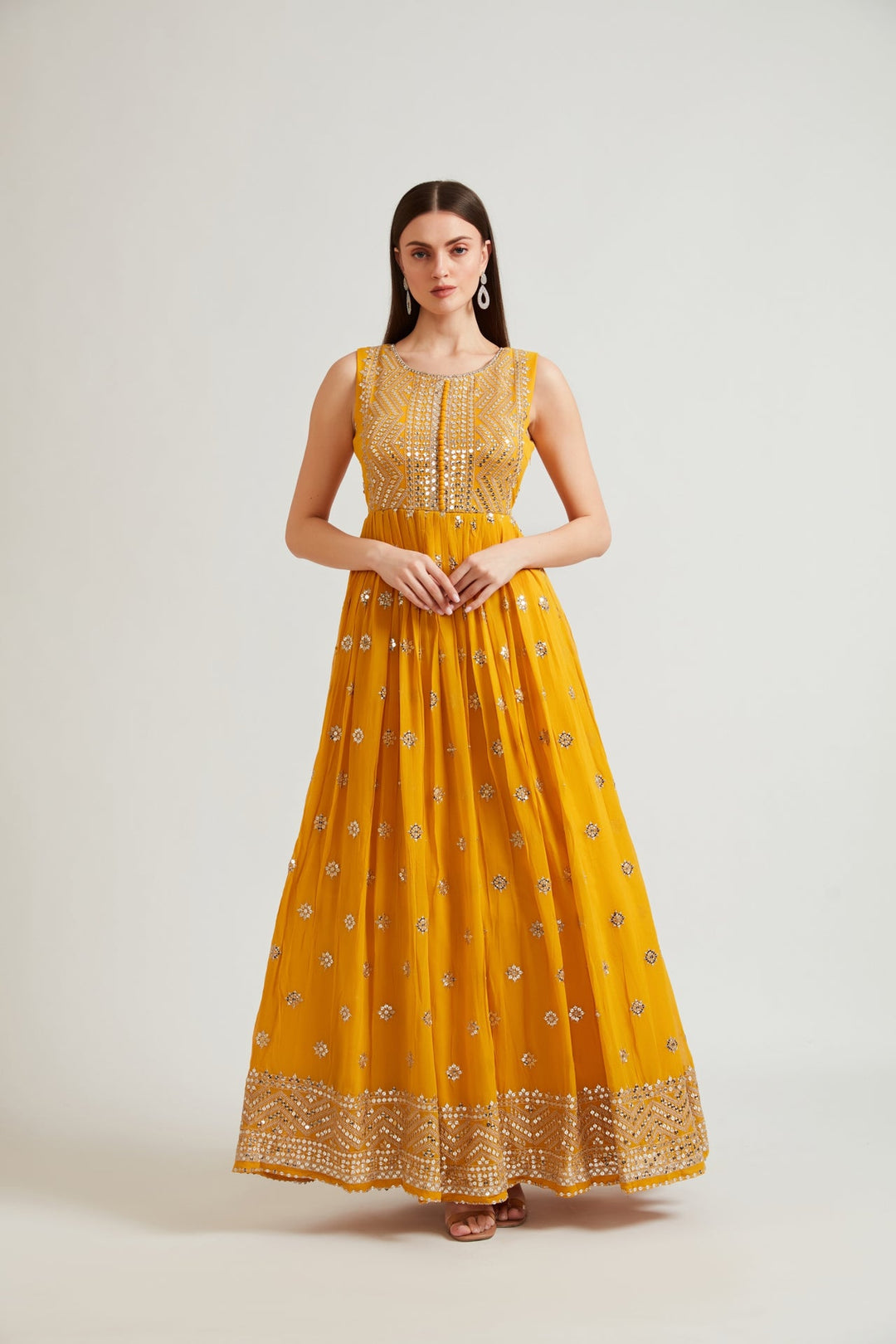 Neerus Yellow georgette embroidered gown - detail view 2