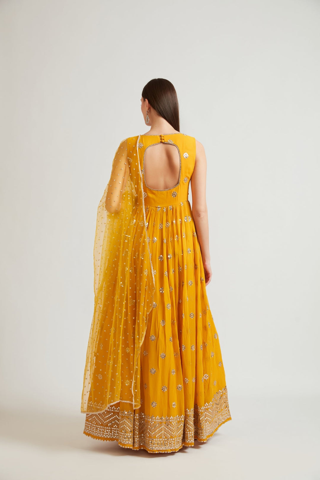 Neerus Yellow georgette embroidered gown - side view