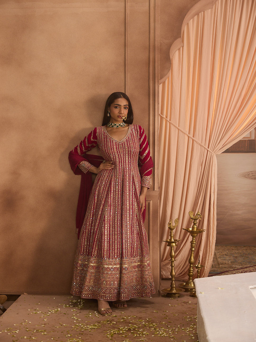 Neerus Pink georgette embroidered Anarkali suit set - front view