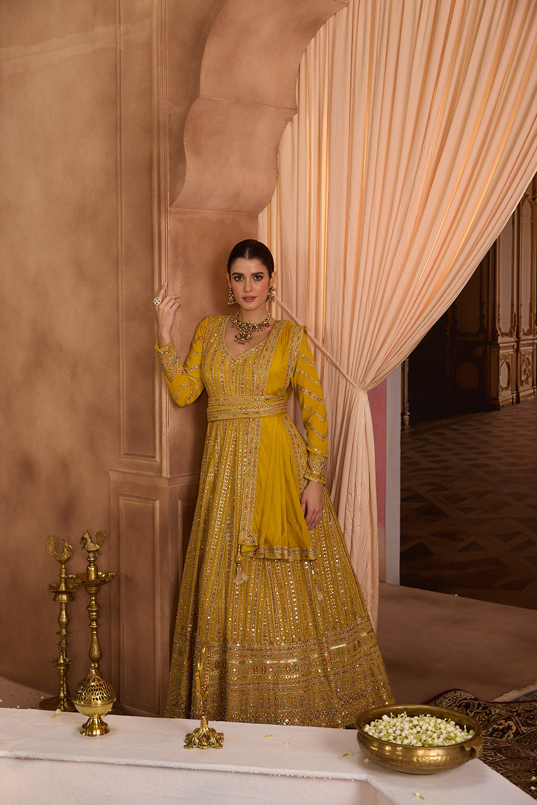Neerus Yellow georgette embroidered Anarkali suit set - back view