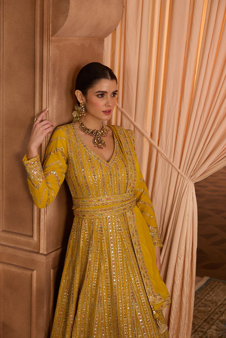 Neerus Yellow georgette embroidered Anarkali suit set - detail view 3