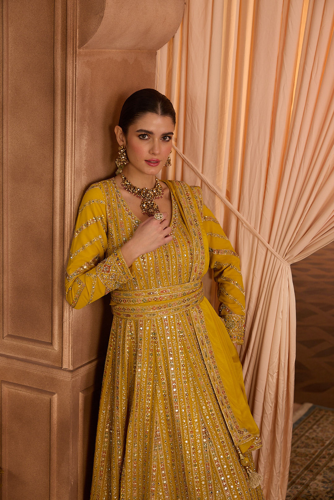 Neerus Yellow georgette embroidered Anarkali suit set - detail view 4