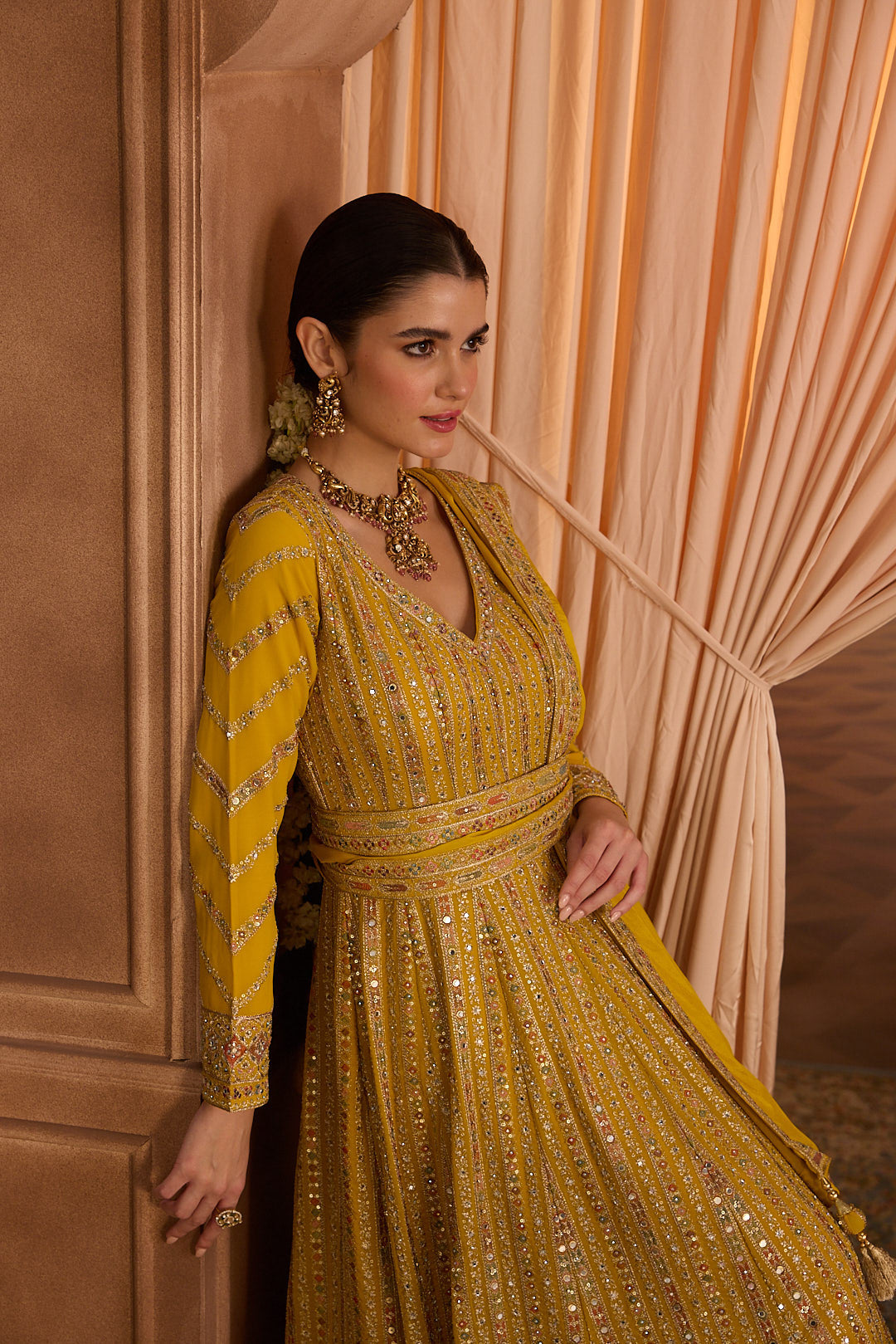 Neerus Yellow georgette embroidered Anarkali suit set - detail view 5
