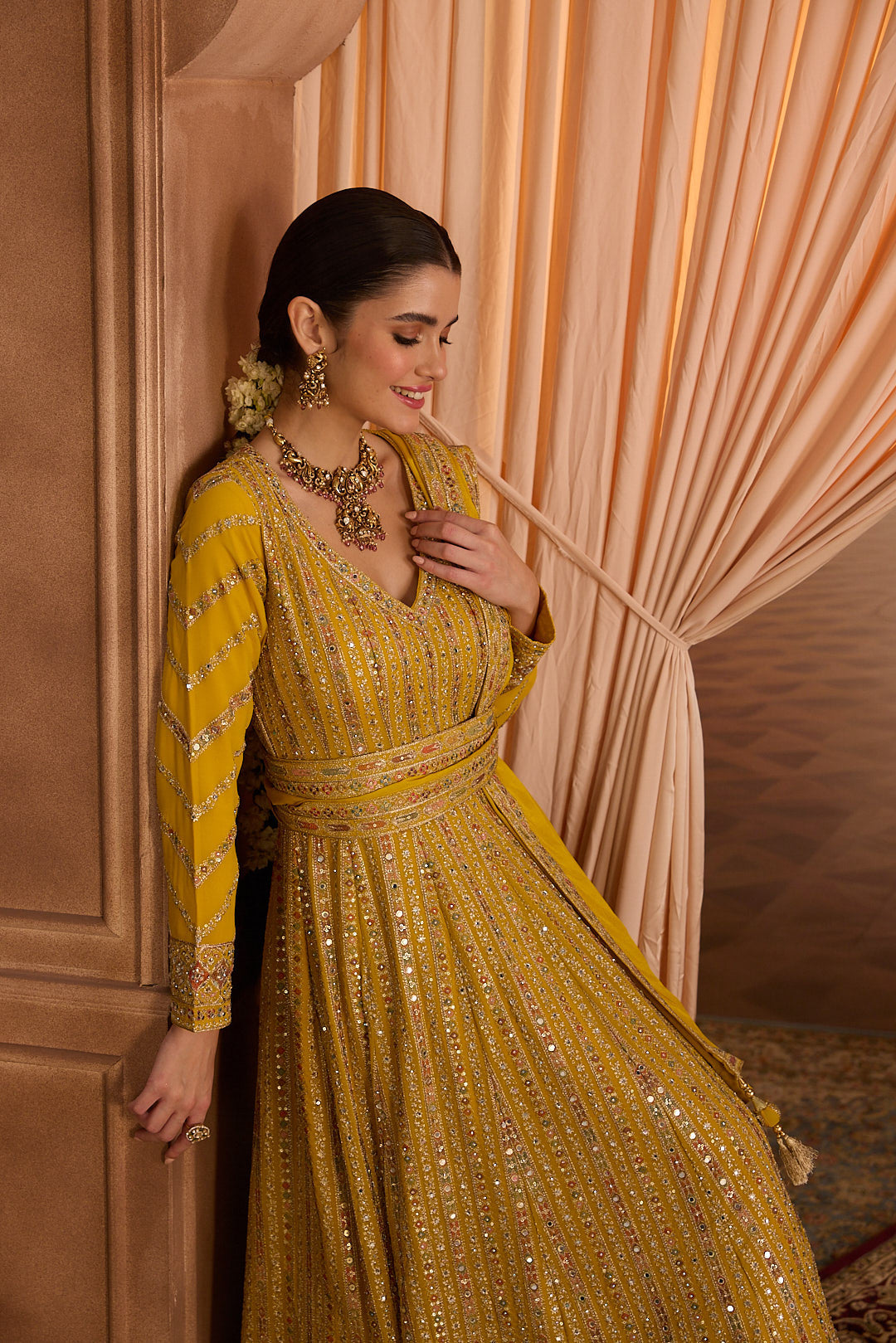 Neerus Yellow georgette embroidered Anarkali suit set - detail view 6