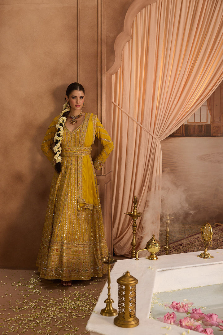 Neerus Yellow georgette embroidered Anarkali suit set - detail view 7