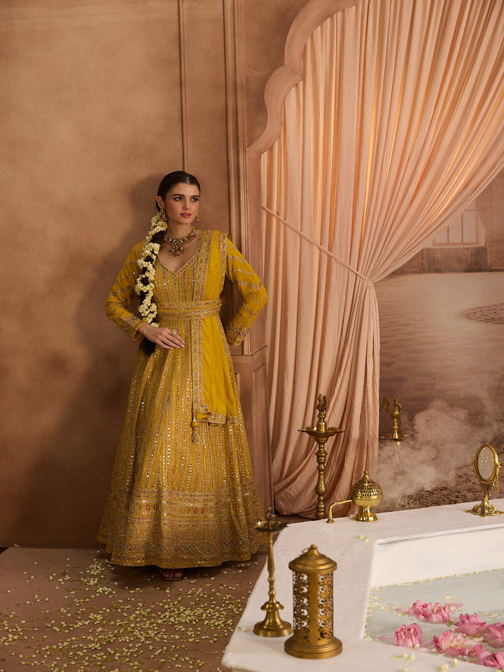 Neerus Yellow georgette embroidered Anarkali suit set - front view