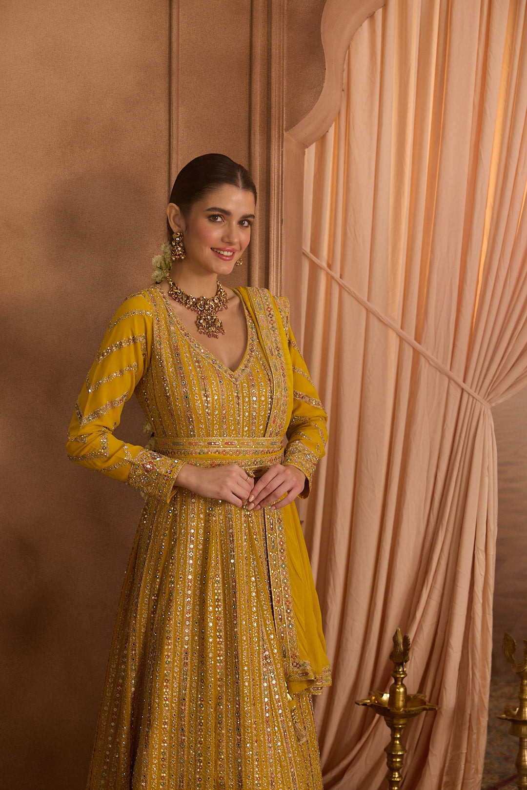 Neerus Yellow georgette embroidered Anarkali suit set - detail view 8