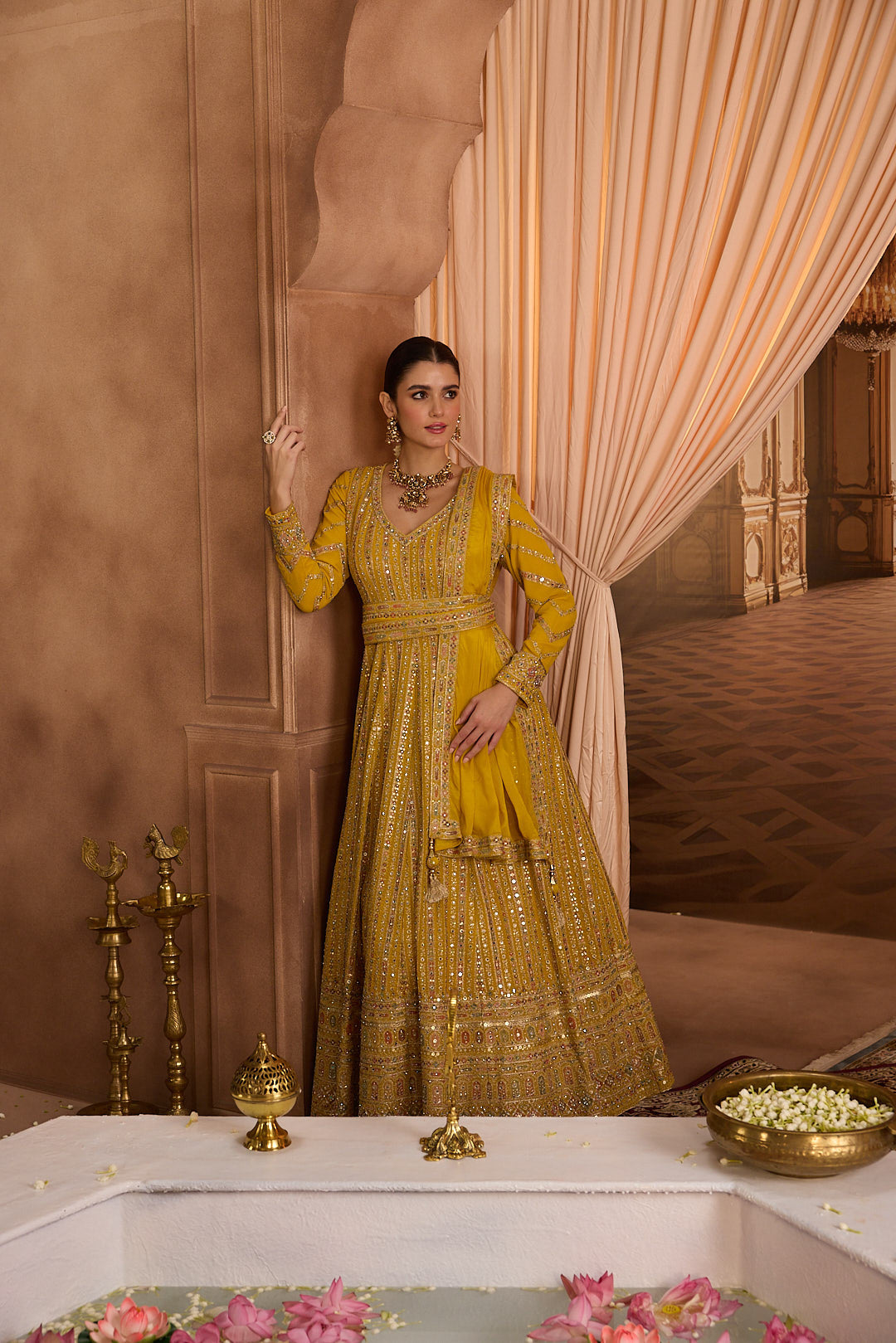 Neerus Yellow georgette embroidered Anarkali suit set - side view