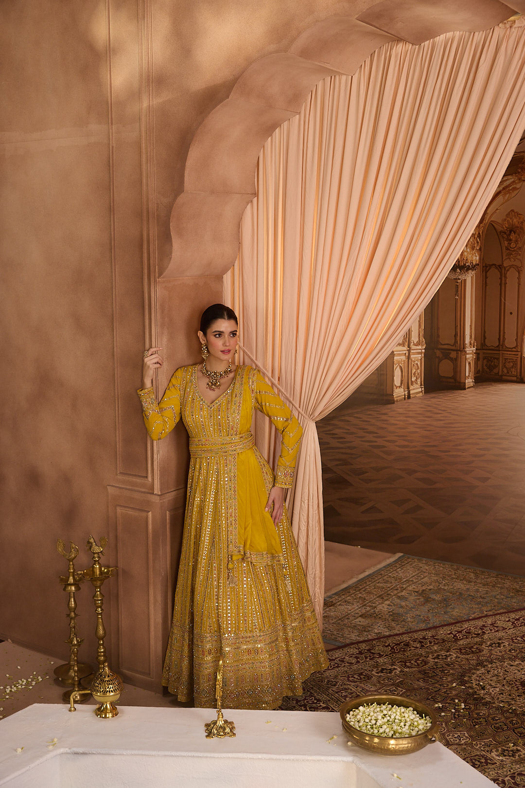 Neerus Yellow georgette embroidered Anarkali suit set - detail view 1