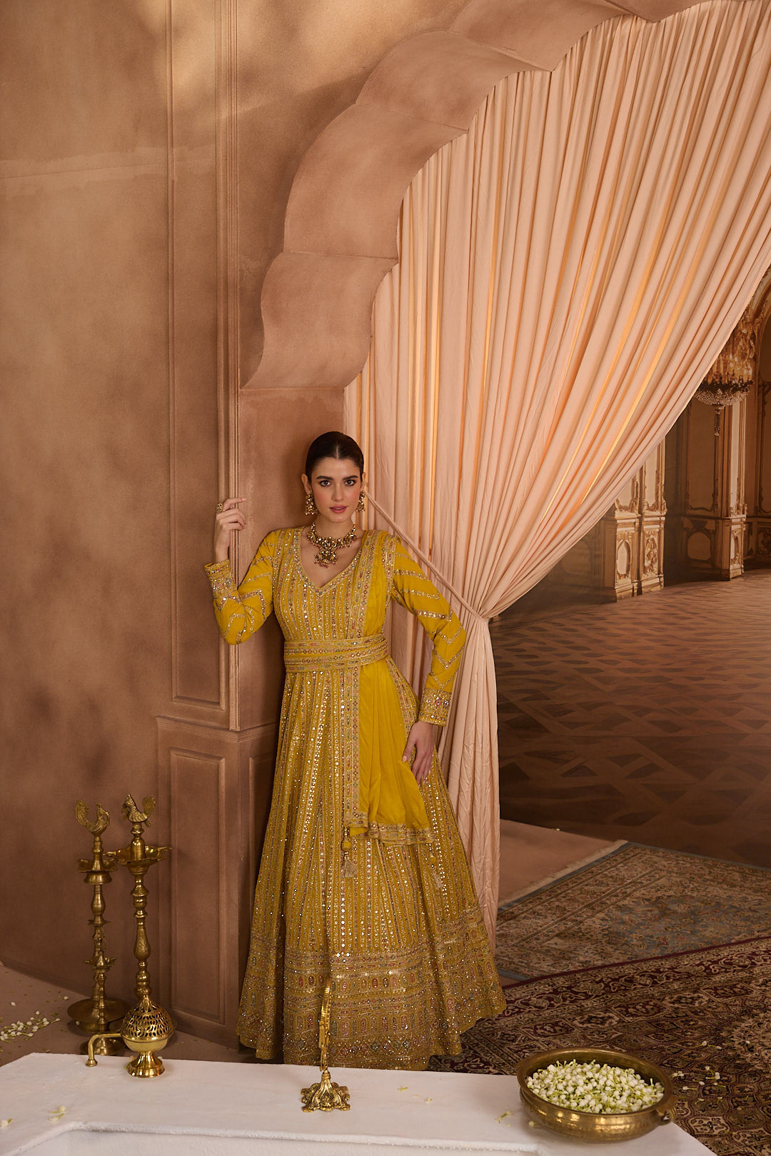 Neerus Yellow georgette embroidered Anarkali suit set - detail view 2