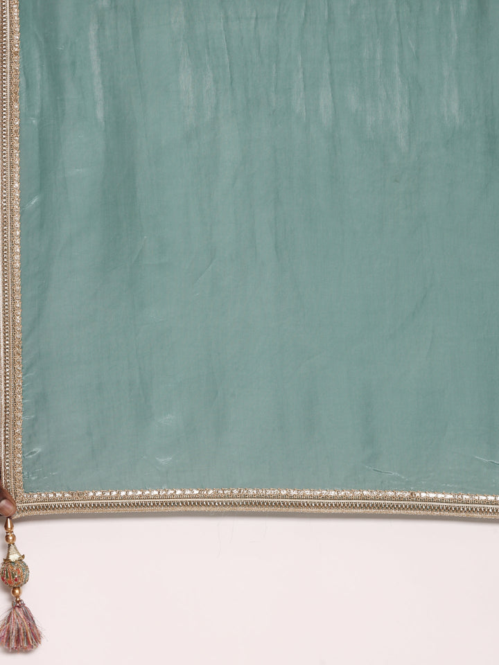 Neerus Green silk embroidered Anarkali suit set - detail view 5