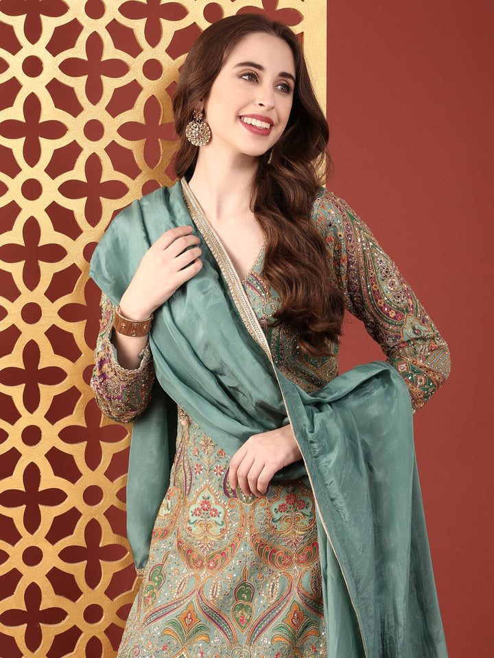 Neerus Green silk embroidered Anarkali suit set - detail view 3