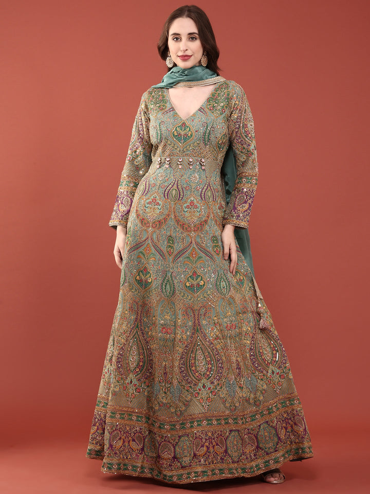 Neerus Green silk embroidered Anarkali suit set - back view