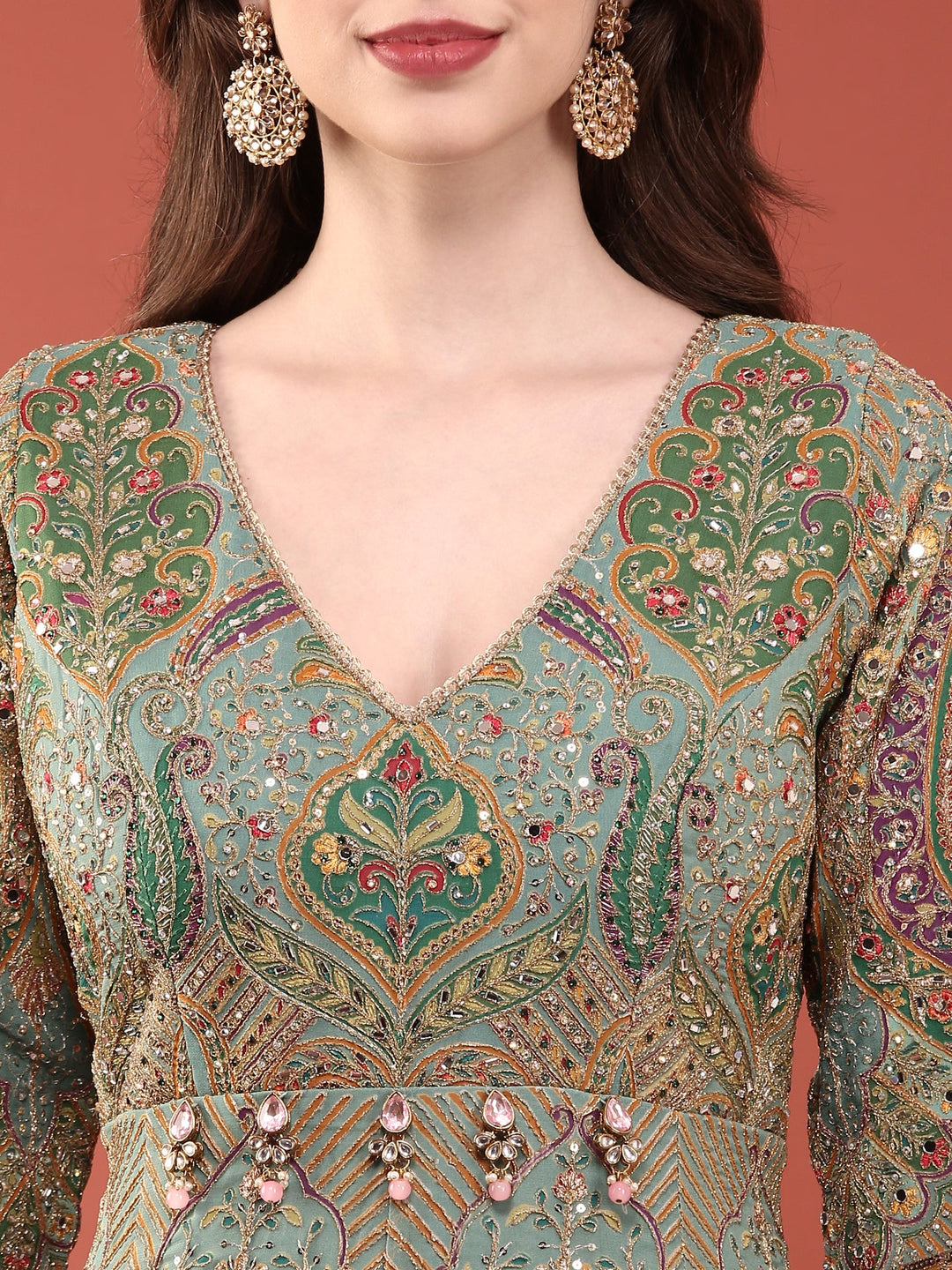Neerus Green silk embroidered Anarkali suit set - detail view 2
