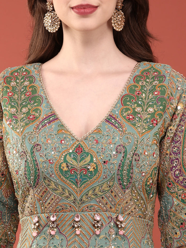 Neerus Green silk embroidered Anarkali suit set - detail view 2
