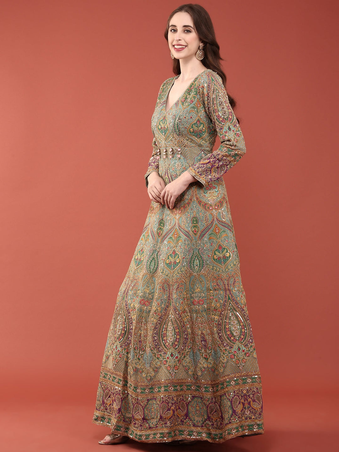 Neerus Green silk embroidered Anarkali suit set - side view