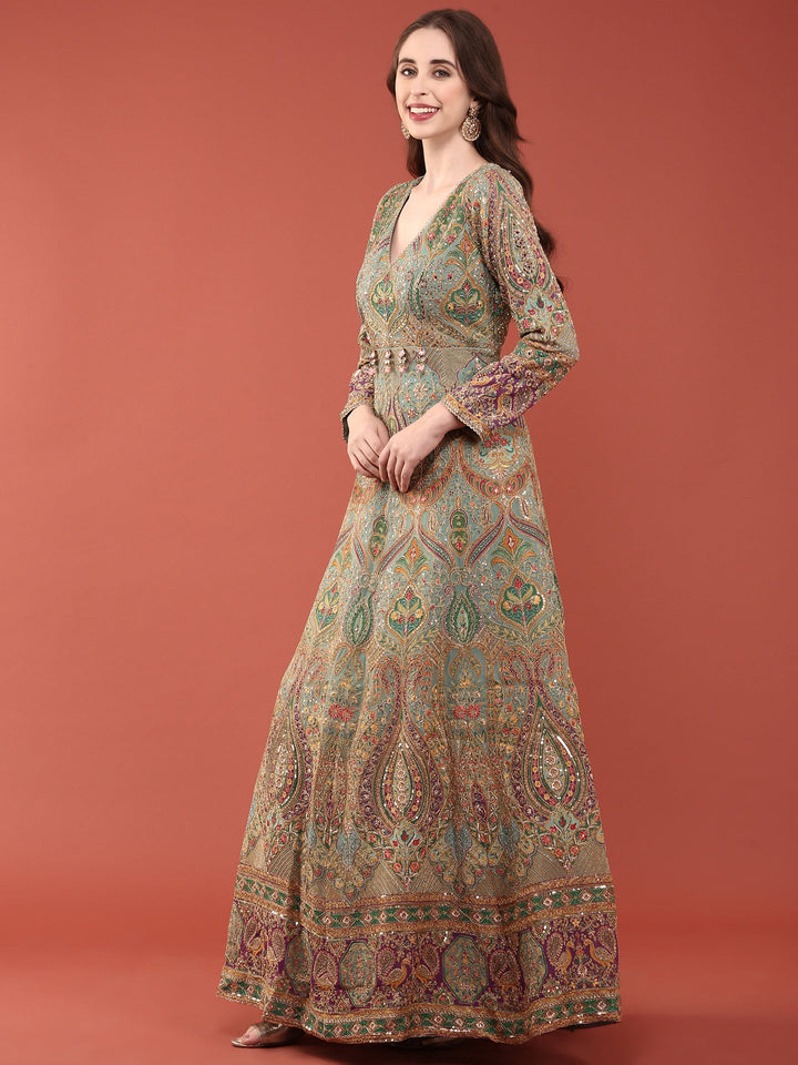 Neerus Green silk embroidered Anarkali suit set - side view
