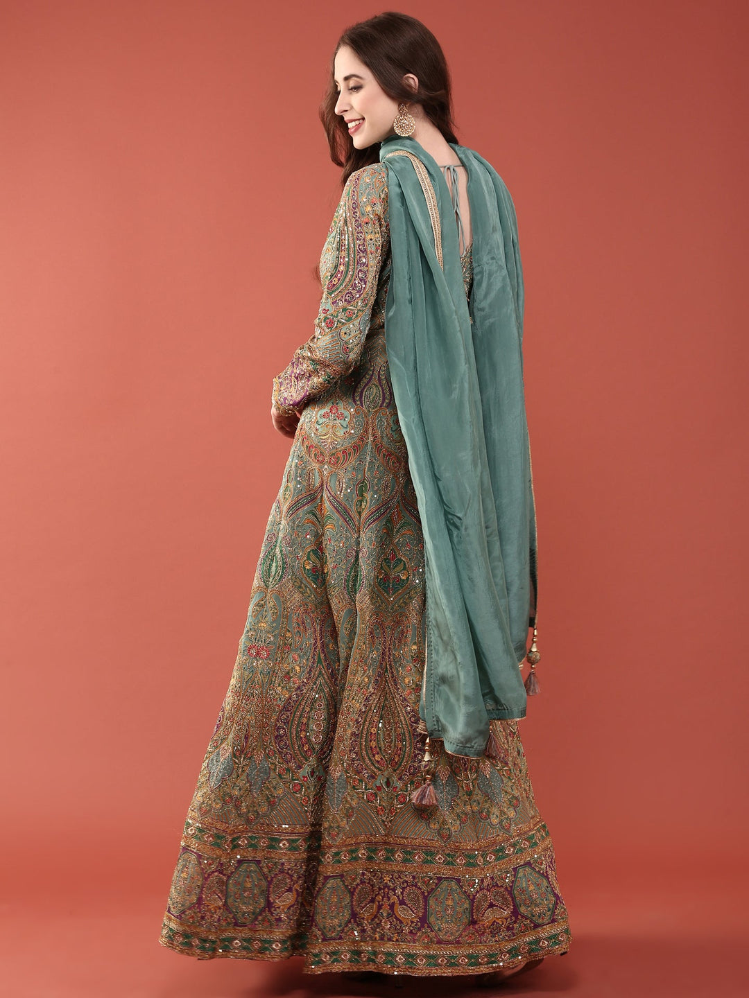 Neerus Green silk embroidered Anarkali suit set - detail view 1