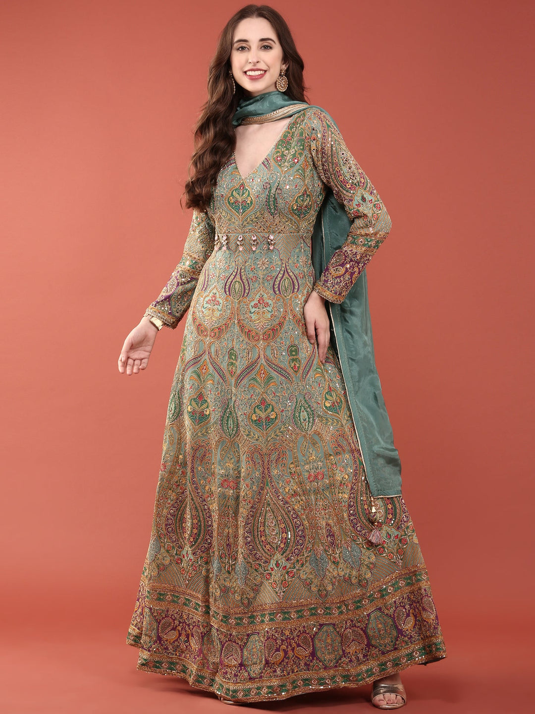 Neerus Green silk embroidered Anarkali suit set - front view