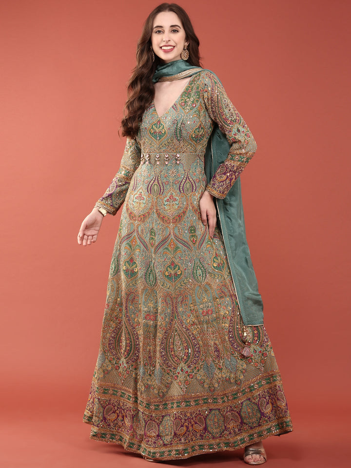 Neerus Green silk embroidered Anarkali suit set - front view