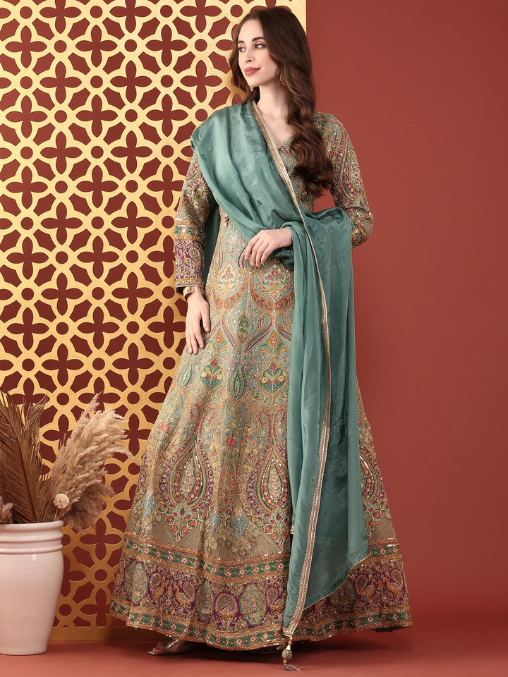 Neerus Green silk embroidered Anarkali suit set - detail view 4