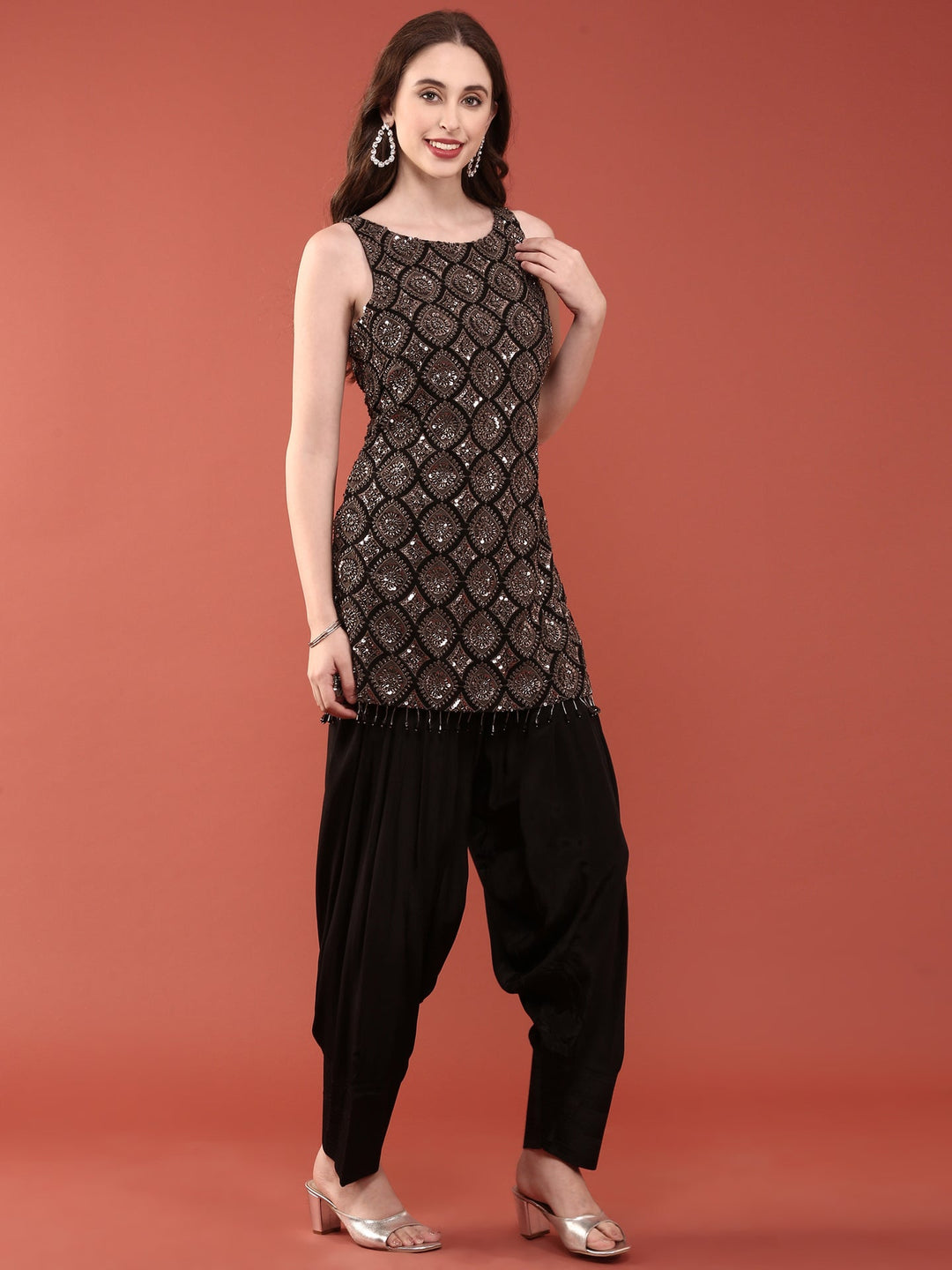 Neerus Black crepe embellished suit set with dhoti and dupatta - detail view 3