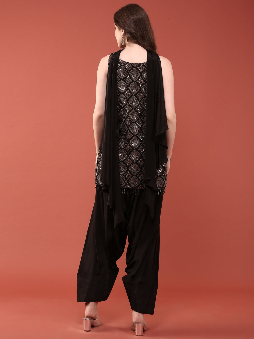 Neerus Black crepe embellished suit set with dhoti and dupatta - side view