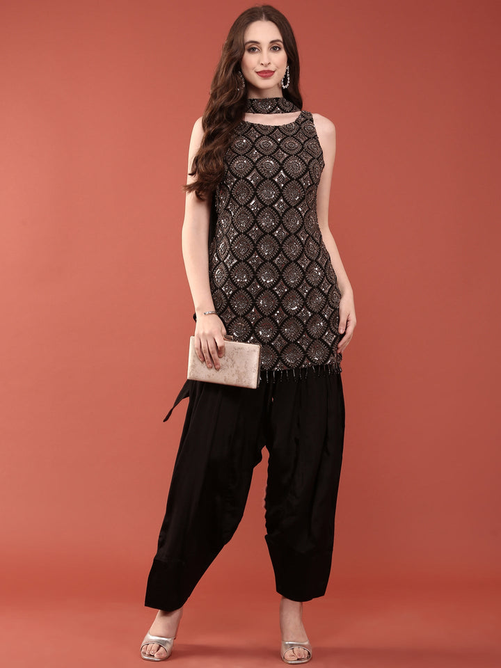 Neerus Black crepe embellished suit set with dhoti and dupatta - front view