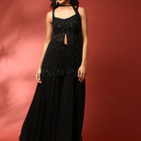 Black heavy hand embroidered peplum top with palazoo set
