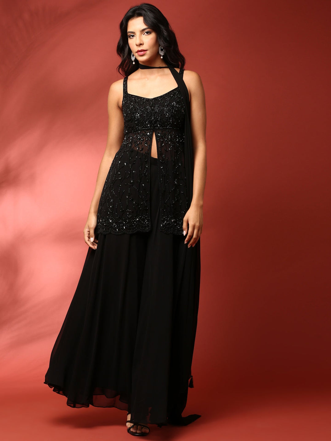 Neerus Black georgette hand embroidered suit set - front view