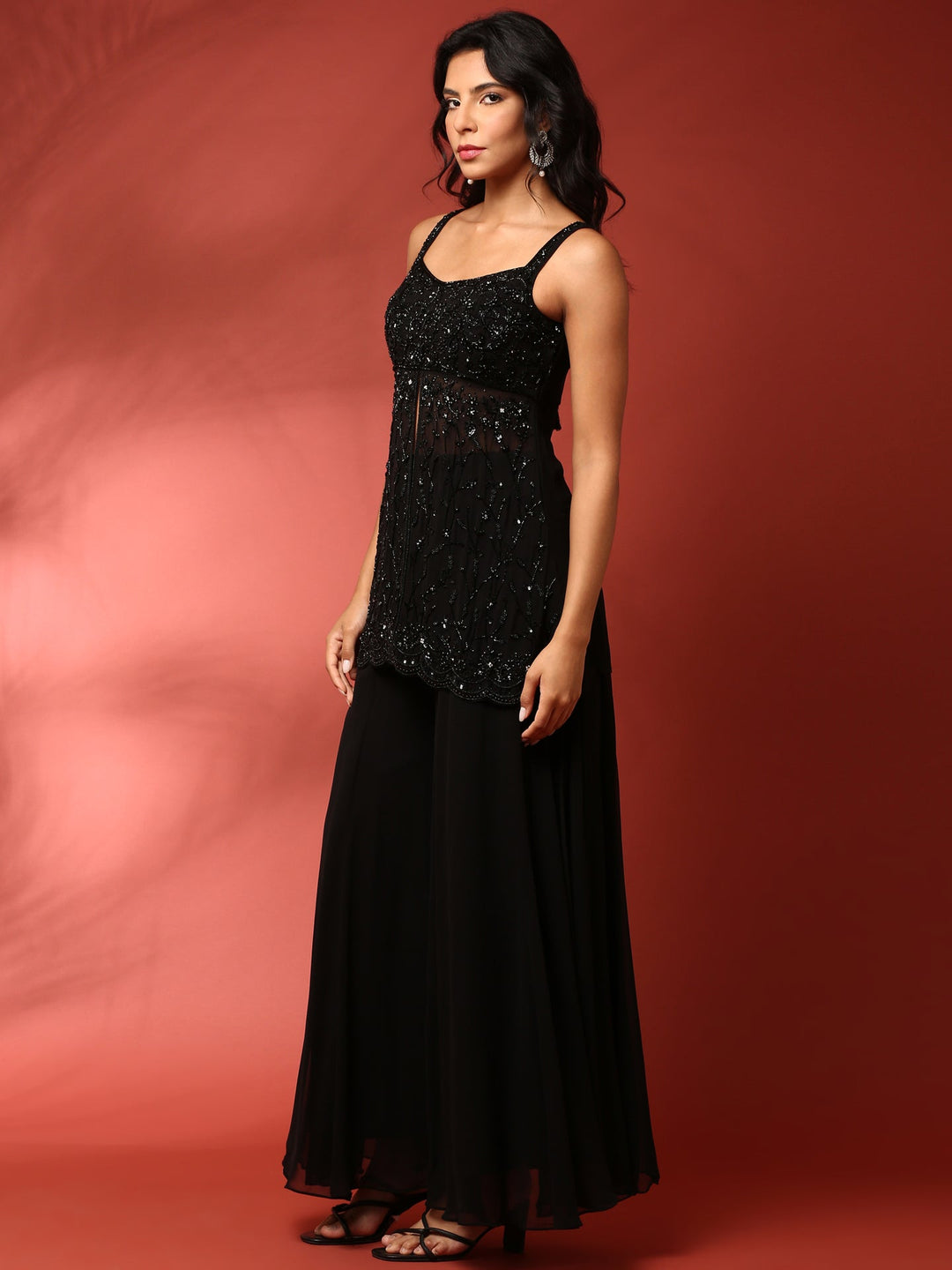 Neerus Black georgette hand embroidered suit set - back view