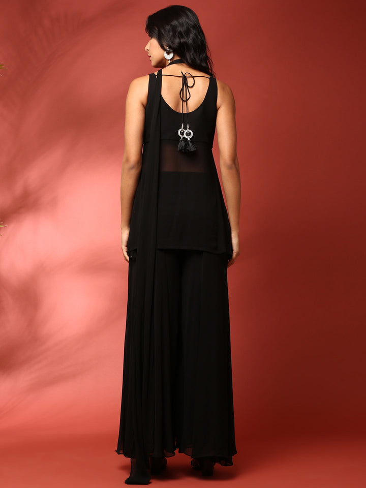 Black heavy hand embroidered peplum top with palazoo set
