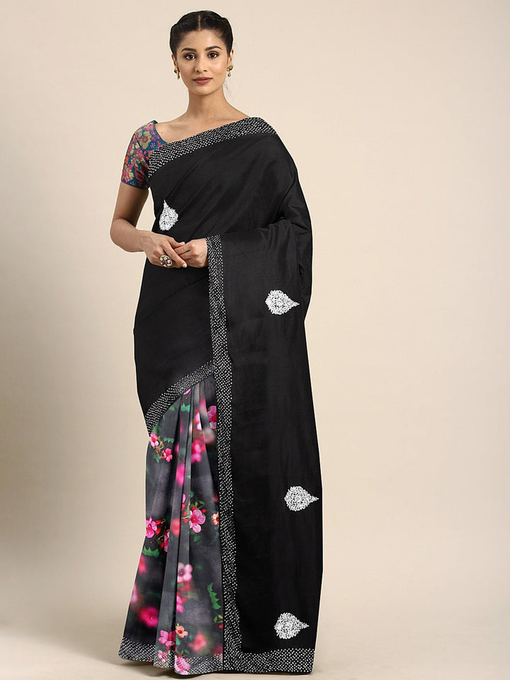 Neerus Black printed saree with blouse piece - front view