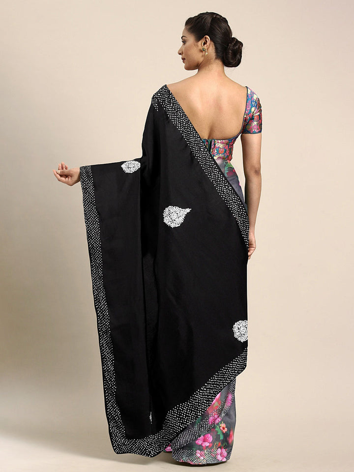 Neerus Black printed saree with blouse piece - back view