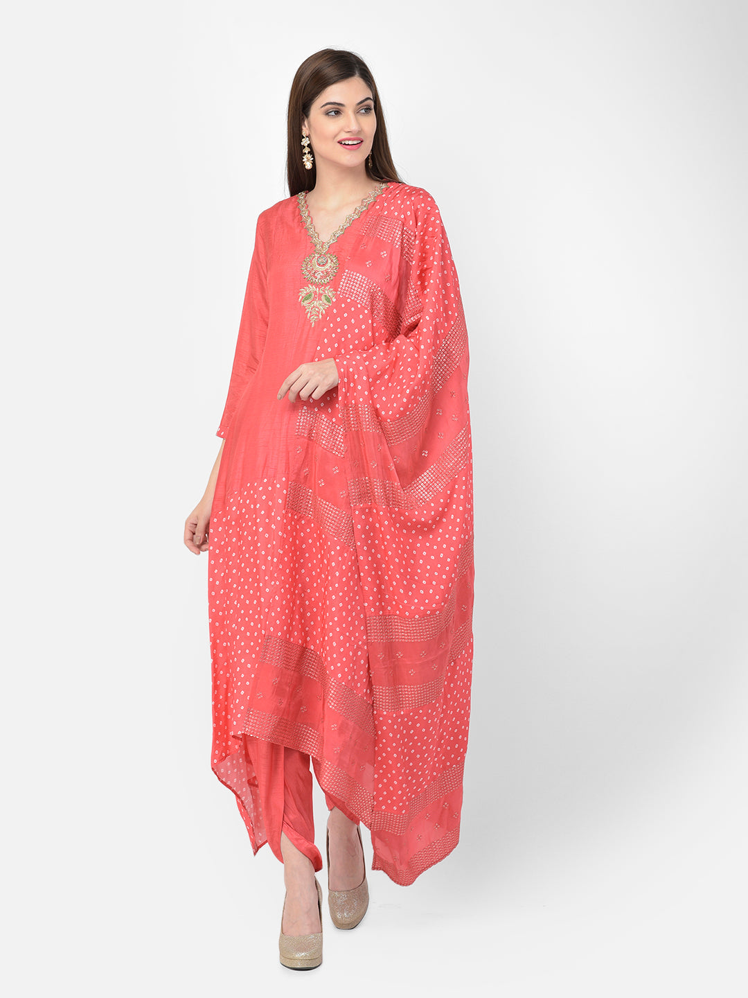 Neerus Red silk suit set - back view