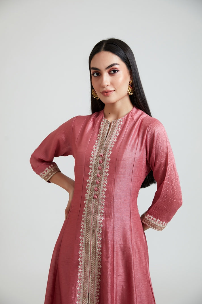 Neerus Pink silk embroidered kurta set - back view
