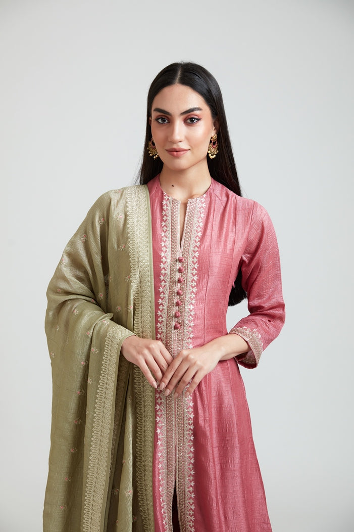 Neerus Pink silk embroidered kurta set - front view