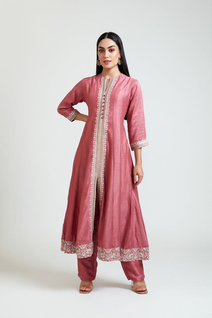 Neerus Pink silk embroidered kurta set - detail view 1