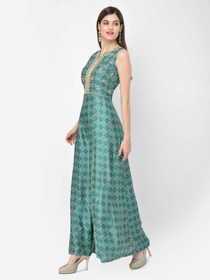 Neerus Green silk embellished bandhani jumpsuit dress - back view