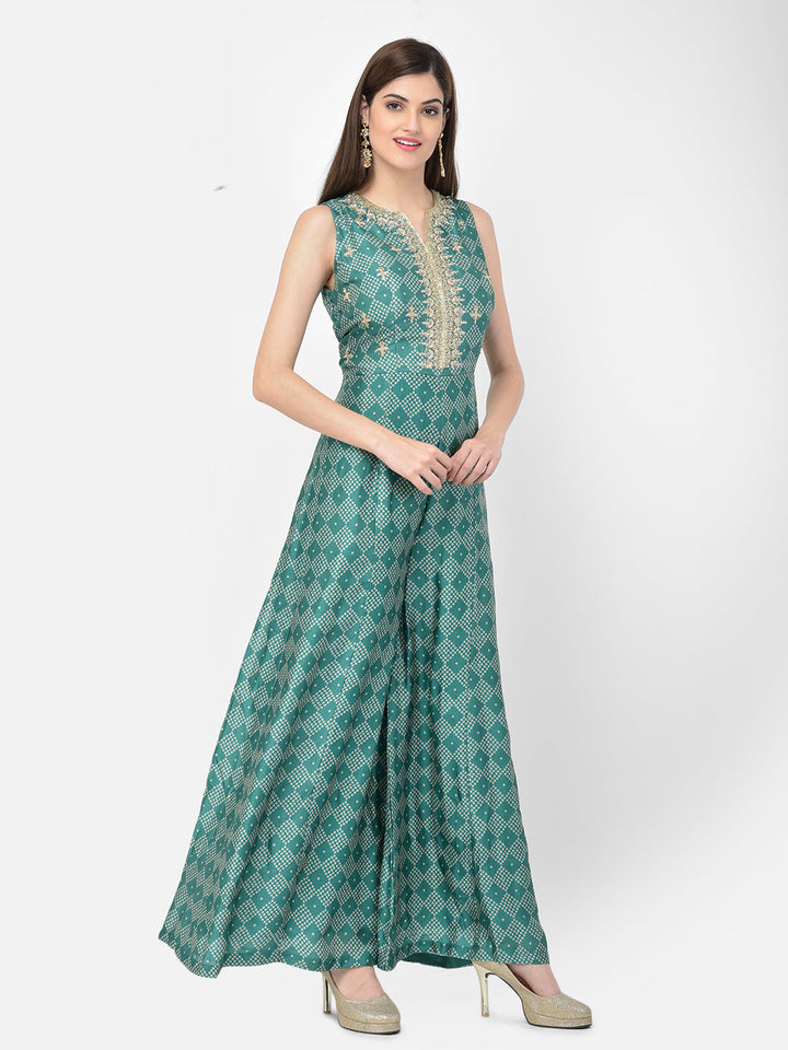 Neerus Green silk embellished bandhani jumpsuit dress - side view
