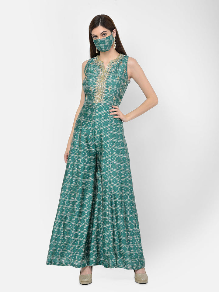 Neerus Green silk embellished bandhani jumpsuit dress - detail view 1
