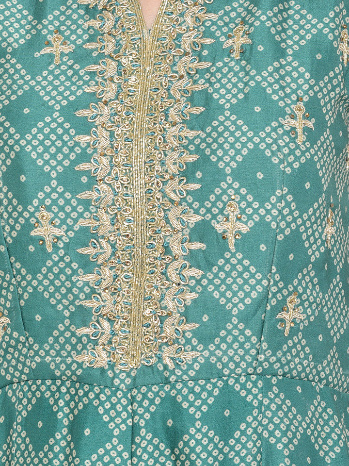 Neerus Green silk embellished bandhani jumpsuit dress - detail view 3