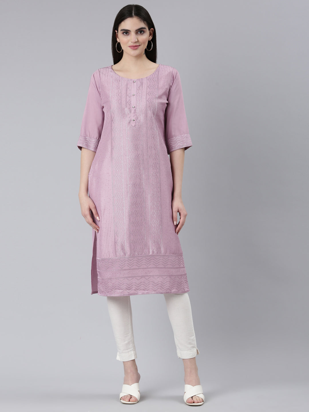 Neerus Purple jacquard woven straight kurti - front view