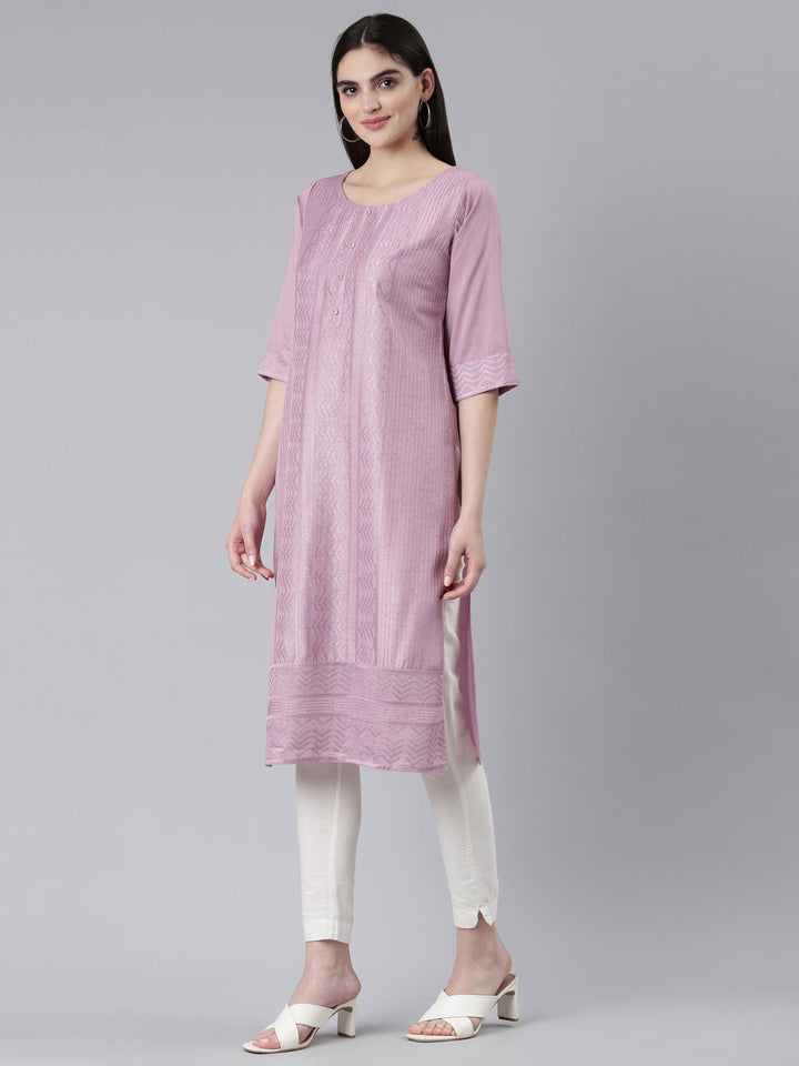 Neerus Purple jacquard woven straight kurti - back view