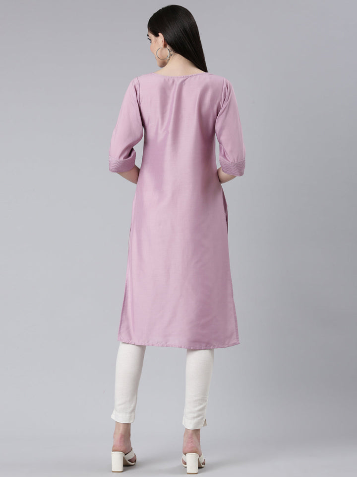 Neerus Purple jacquard woven straight kurti - side view