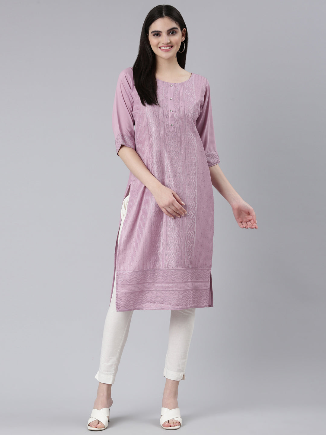 Neerus Purple jacquard woven straight kurti - detail view 2