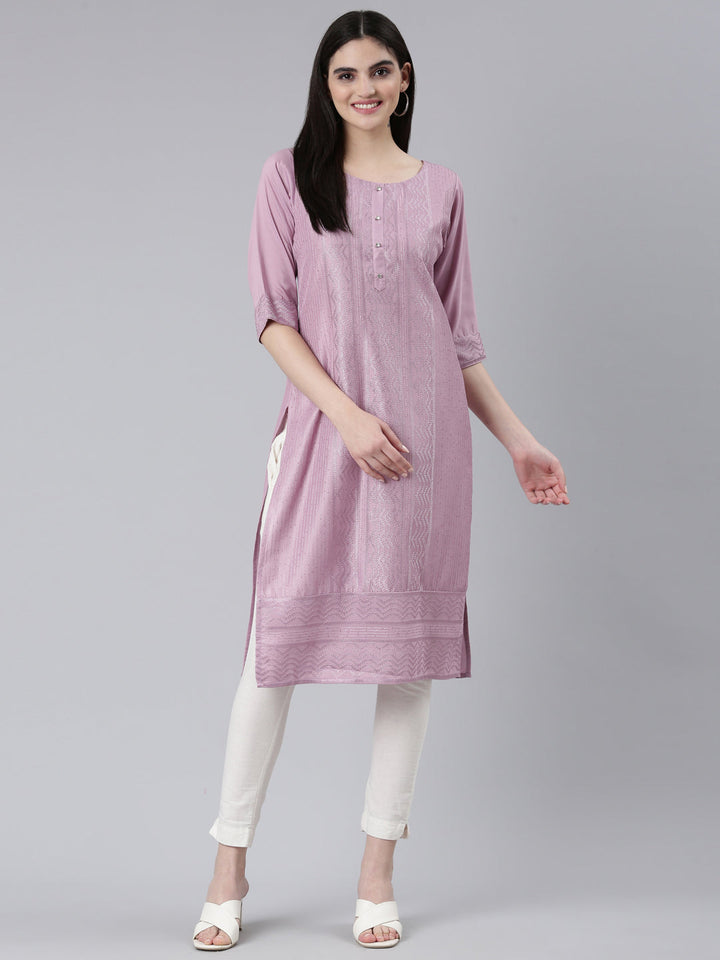 Neerus Purple jacquard woven straight kurti - detail view 2