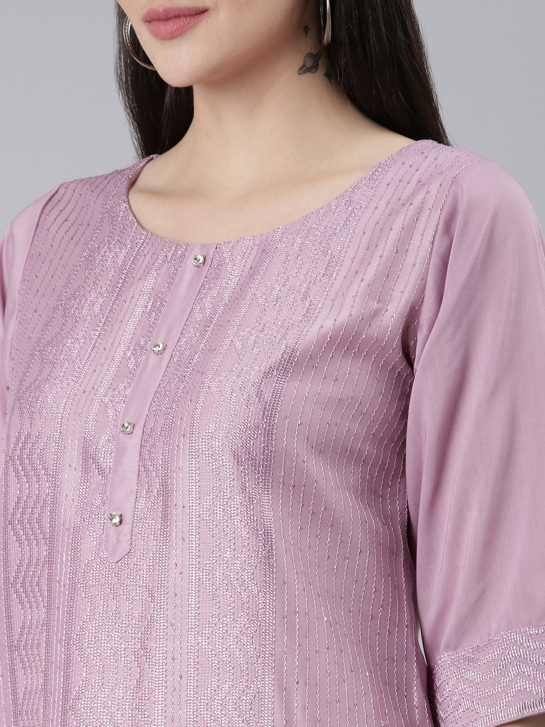 Neerus Purple jacquard woven straight kurti - detail view 1