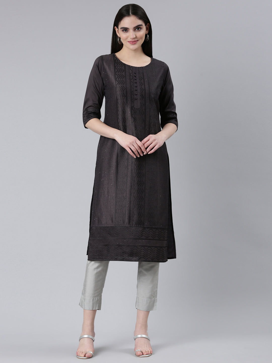 Neerus Grey silk woven straight kurti - front view